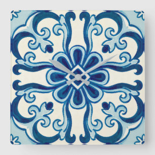 Portuguese Azulejos Blue Floral Tile Pattern Square Wall Clock