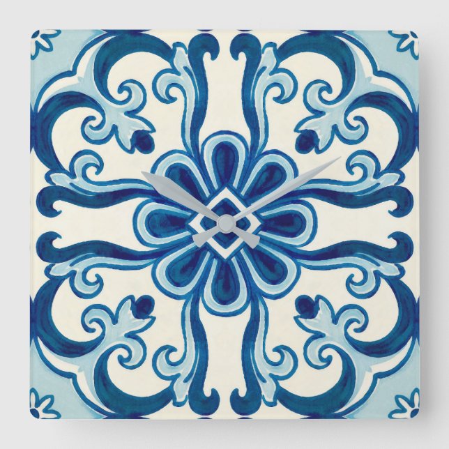 Portuguese Azulejos Blue Floral Tile Pattern Square Wall Clock (Front)