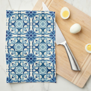 Portuguese Azulejos Blue Floral Tile Pattern Tea Towel