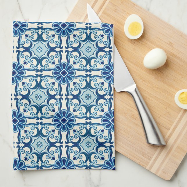Portuguese Azulejos Blue Floral Tile Pattern Tea Towel (Quarter Fold)