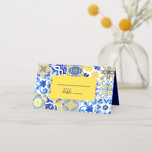 Portuguese Azulejos Tile Blue Yellow Wedding Place Place Card (Front)