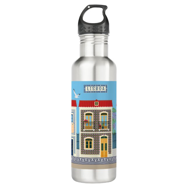 Portuguese beautiful houses with tiles or azulejos 710 ml water bottle (Front)