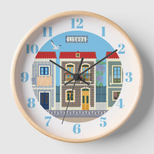 Portuguese beautiful houses with tiles or azulejos clock