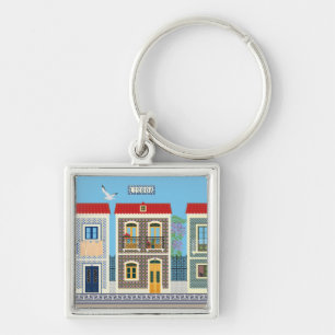Portuguese beautiful houses with tiles or azulejos key ring
