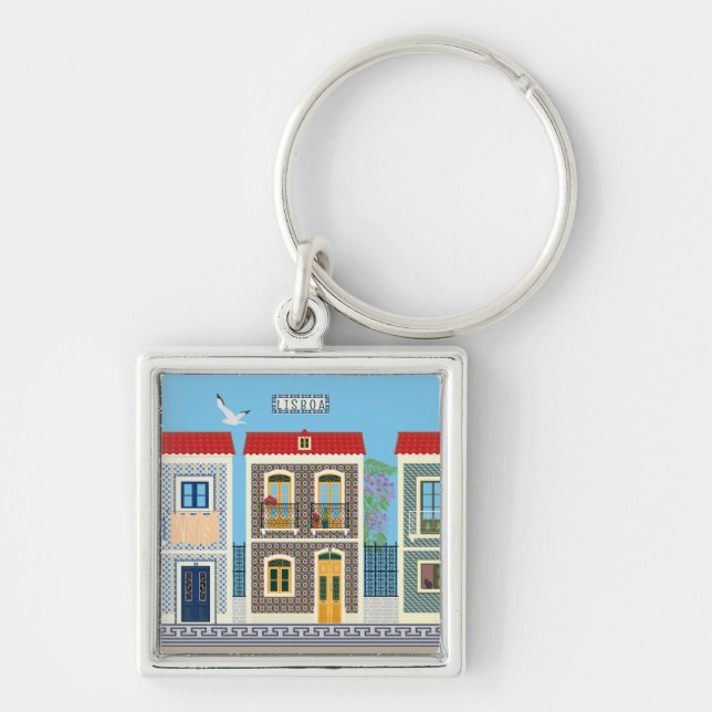 Portuguese beautiful houses with tiles or azulejos key ring (Front)