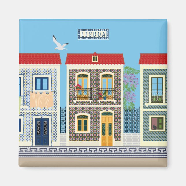 Portuguese beautiful houses with tiles or azulejos magnet (Front)