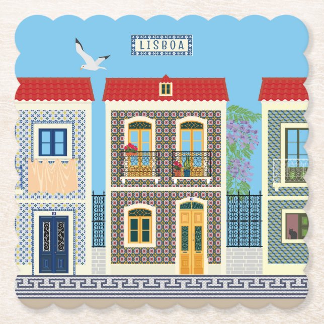 Portuguese beautiful houses with tiles or azulejos paper coaster (Front)
