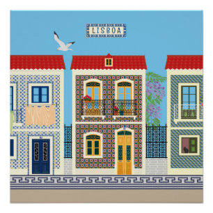 Portuguese beautiful houses with tiles or azulejos poster