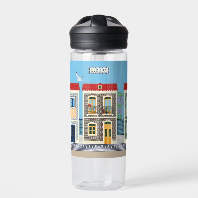 Portuguese beautiful houses with tiles or azulejos water bottle (Front)