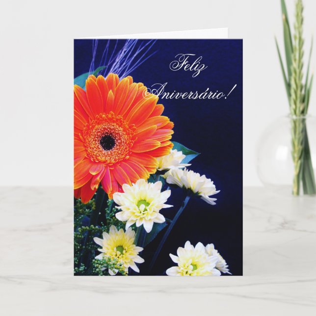 Portuguese Birthday card with flowers (Front)