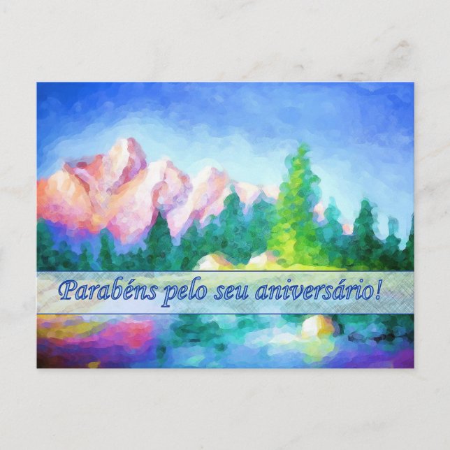 Portuguese Birthday Pink Mountain Blue Postcard (Front)
