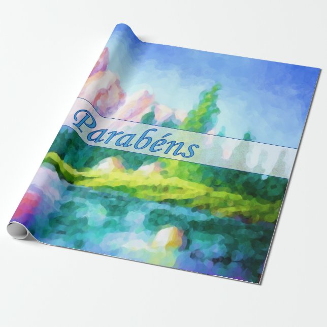 Portuguese Birthday Pink Mountain Wrap Paper (Unrolled)