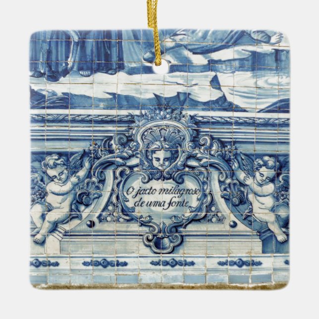 Portuguese blue and white wall tiles with angels ceramic ornament (Front)
