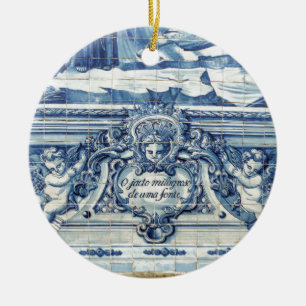 Portuguese blue and white wall tiles with angels ceramic tree decoration