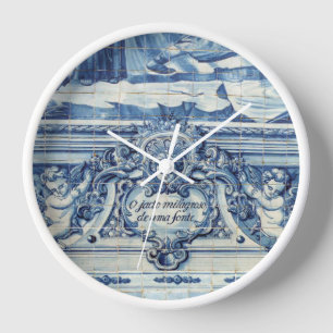 Portuguese blue and white wall tiles with angels clock