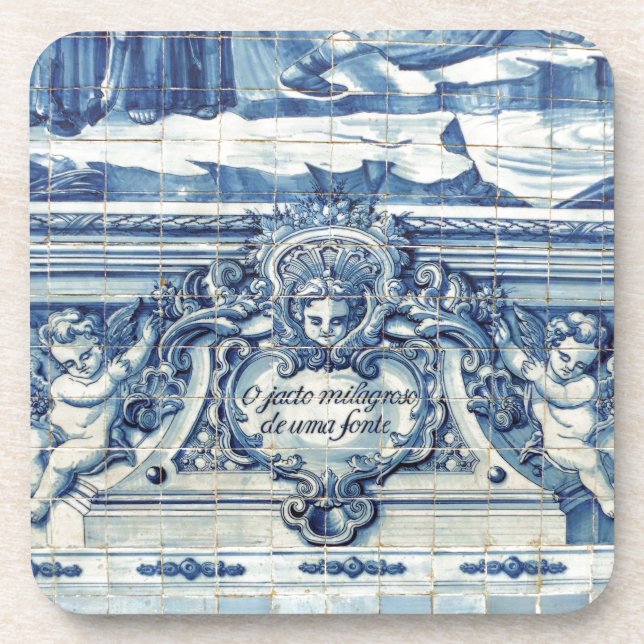 Portuguese blue and white wall tiles with angels coaster (Front)