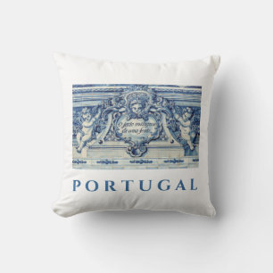 Portuguese blue and white wall tiles with angels cushion