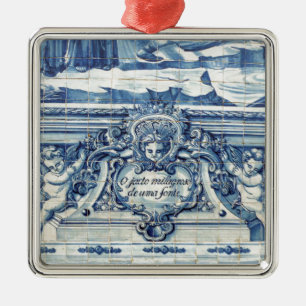 Portuguese blue and white wall tiles with angels metal tree decoration