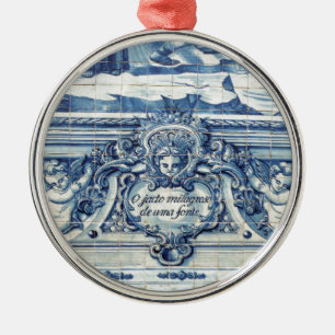 Portuguese blue and white wall tiles with angels metal tree decoration