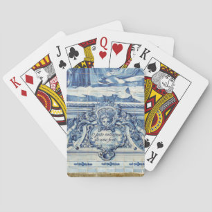 Portuguese blue and white wall tiles with angels playing cards