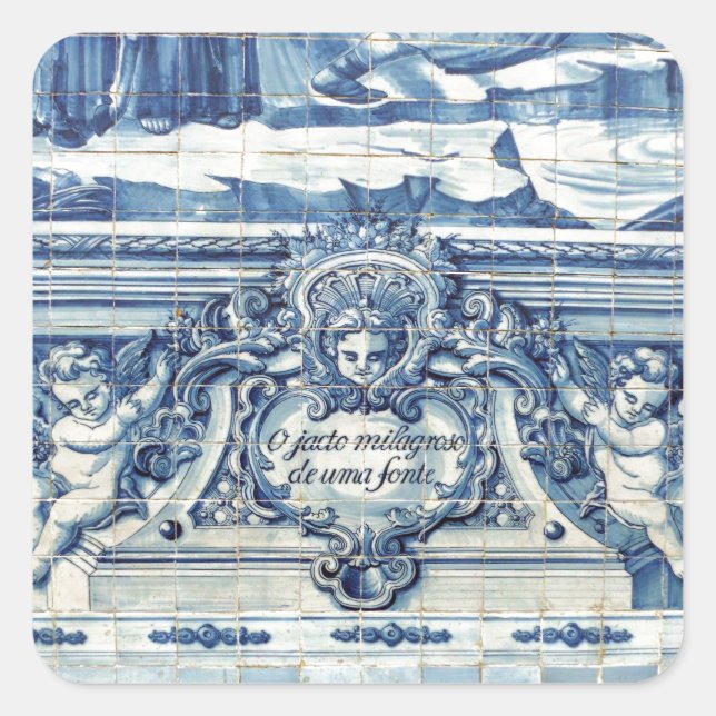 Portuguese blue and white wall tiles with angels square sticker (Front)