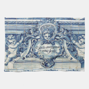 Portuguese blue and white wall tiles with angels tea towel