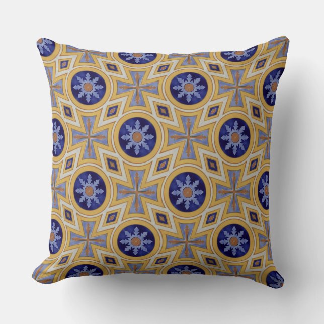 Portuguese blue and yellow ceramic tile pattern cushion (Front)