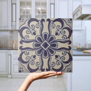 Portuguese Blue Geometric Azulejos Floral Tile