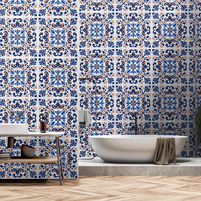 Portuguese Blue Red White Azulejo Tile Pattern Wallpaper (Bathroom)