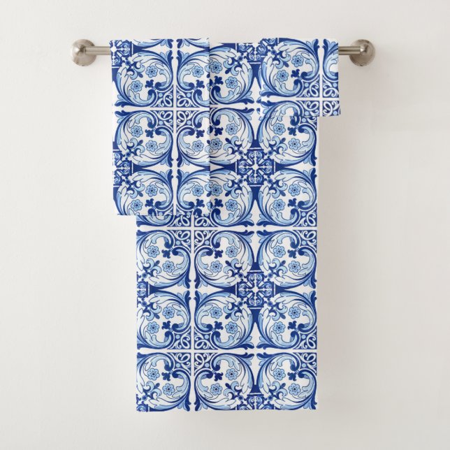 Portuguese blue tile bath towel set (Insitu)