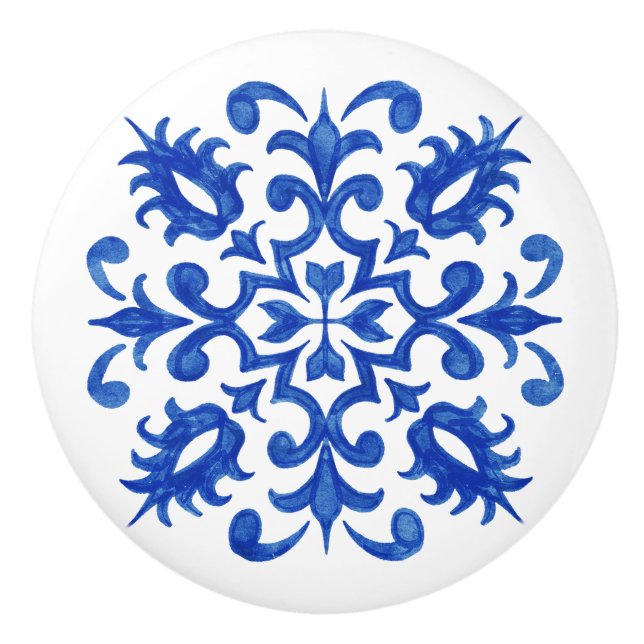 Portuguese Blue Tile central round medallion Ceramic Knob (Front)