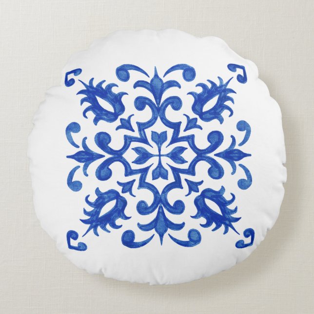 Portuguese Blue Tile central round medallion Cushion (Front)