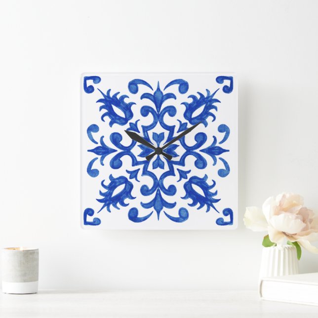 Portuguese Blue Tile central round medallion Square Wall Clock (Home)