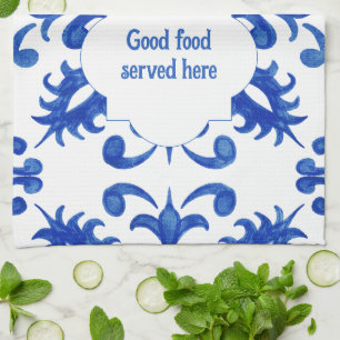 Portuguese Blue Tile central round medallion Tea Towel