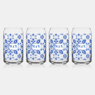 Portuguese Blue Tile Monogram  Can Glass