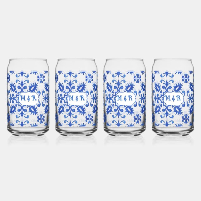 Portuguese Blue Tile Monogram  Can Glass (Front)