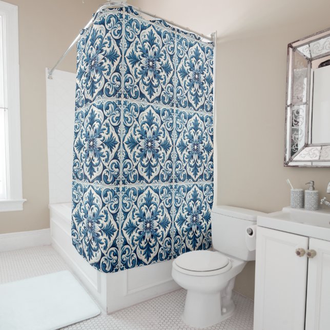 Portuguese blue tile shower curtain (In Situ)