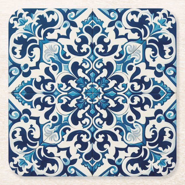 Portuguese blue tile square paper coaster (Front)