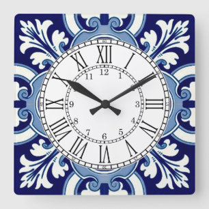 Portuguese blue tile square wall clock