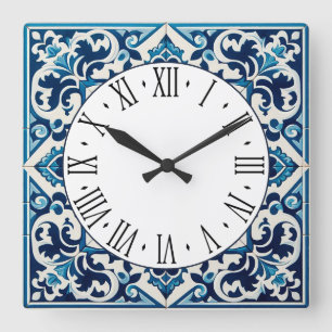 Portuguese blue tile square wall clock