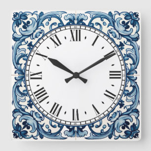Portuguese blue tile square wall clock