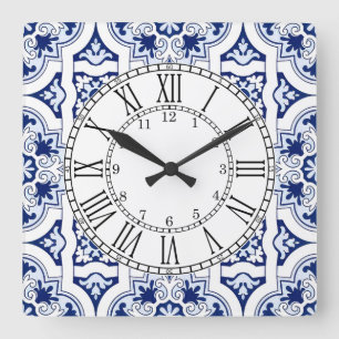 Portuguese blue tile square wall clock