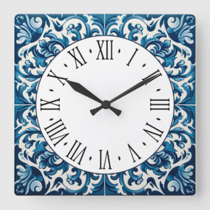 Portuguese blue tile square wall clock