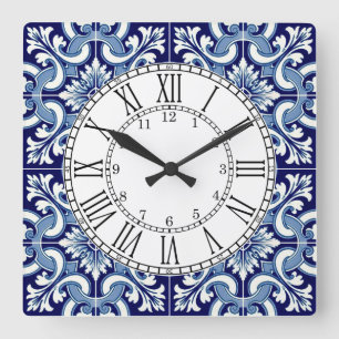 Portuguese blue tile square wall clock