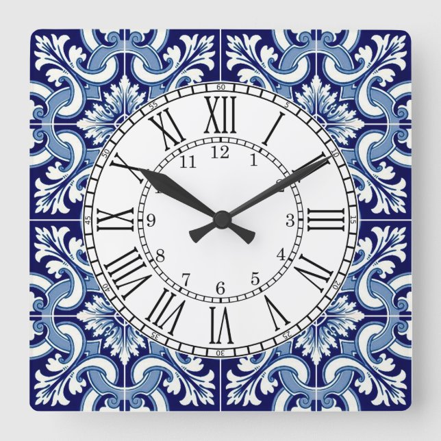 Portuguese blue tile square wall clock (Front)