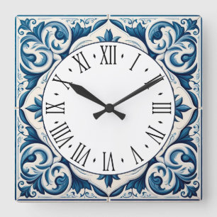 Portuguese blue tile square wall clock