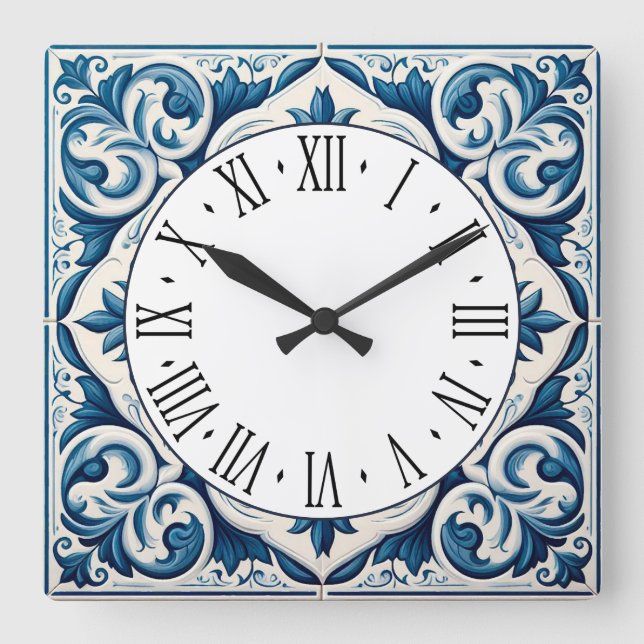 Portuguese blue tile square wall clock (Front)