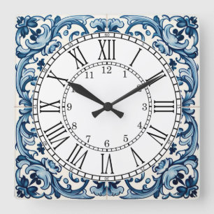 Portuguese blue tile square wall clock