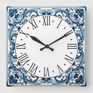 Portuguese blue tile square wall clock