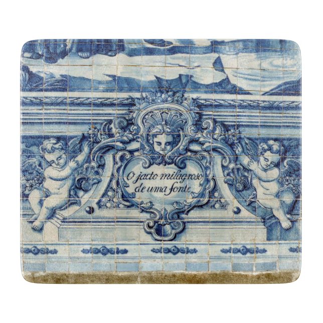 Portuguese blue tiles with two angels cutting board (Front)